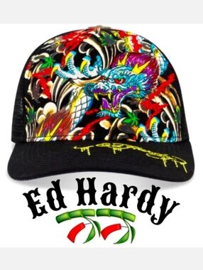 🎋Ed Hardy Embroidered Rhinestone Dragon Cap